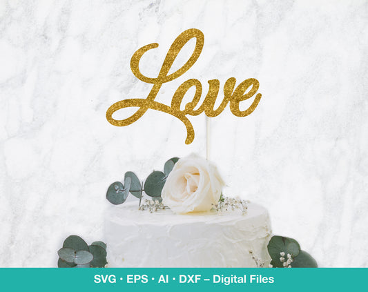 a white cake with a gold love cake topper