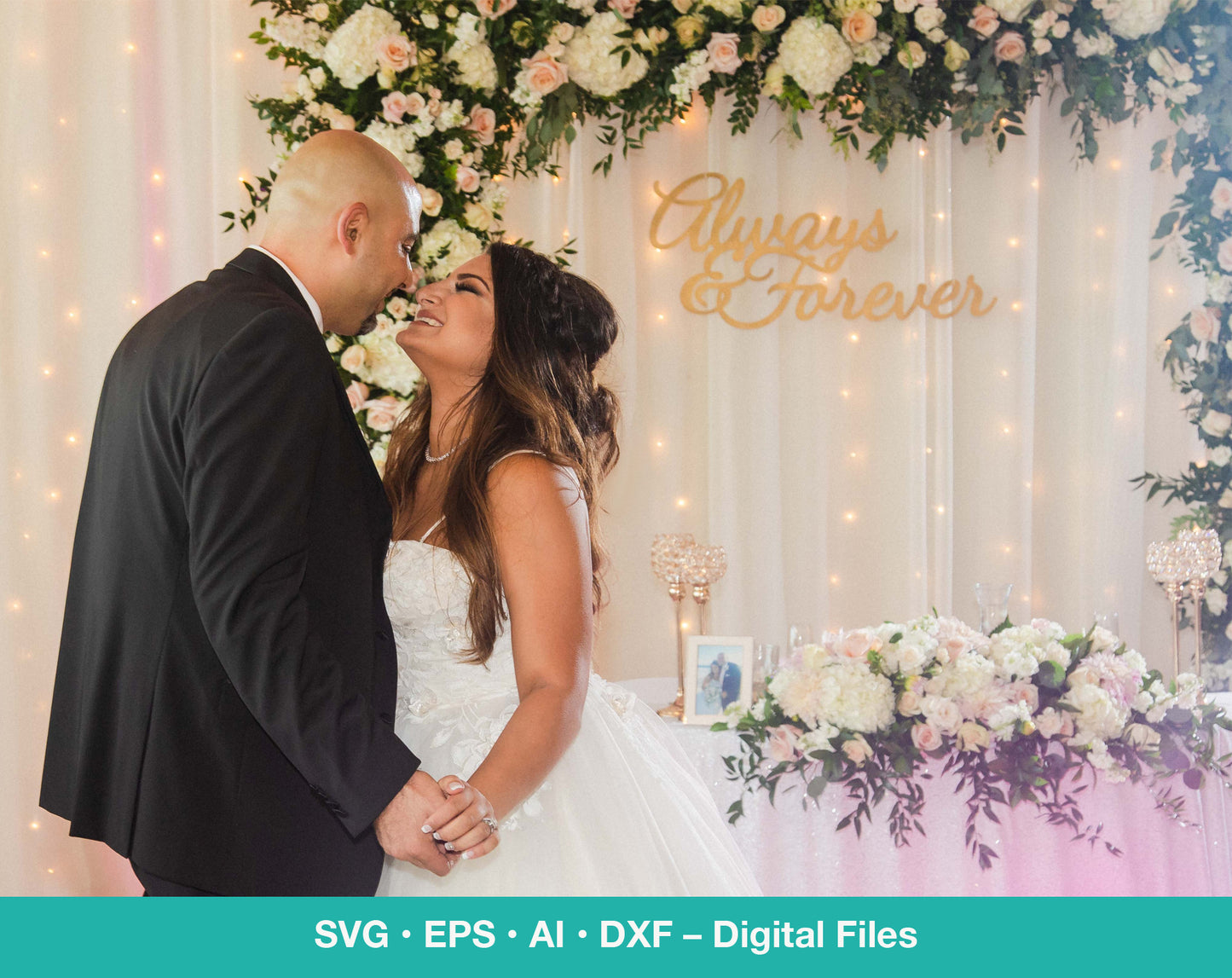 a bride and groom standing in front of a floral backdrop