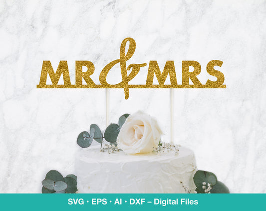 a white cake with a gold mr and mrs cake topper