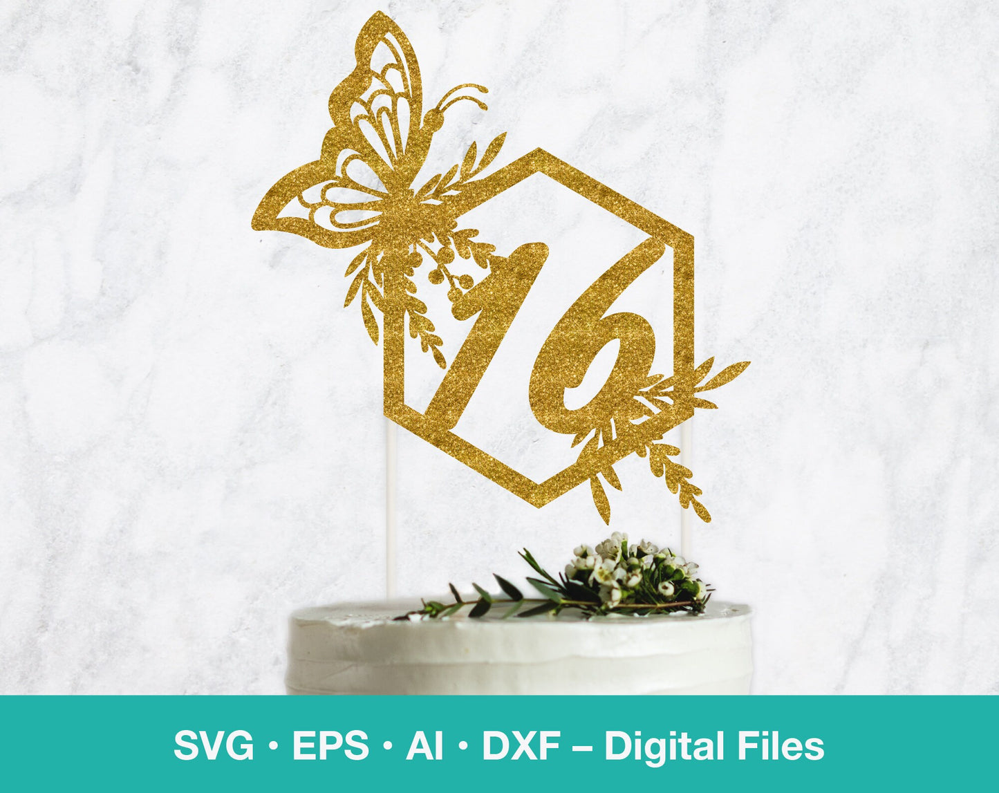 Geometric Sweet 16 Butterfly Birthday SVG Cake Topper