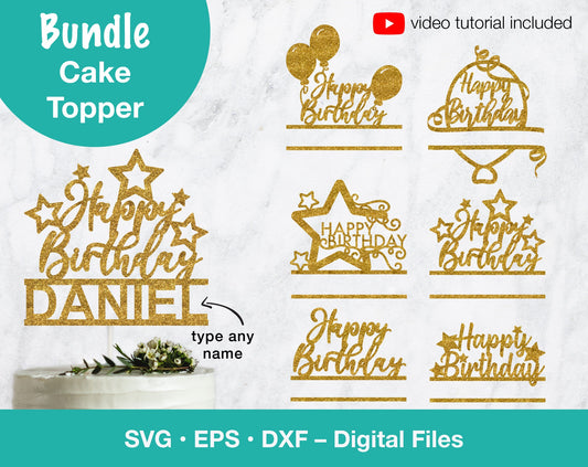 Happy Birthday Personalized SVG Cake Topper Bundle