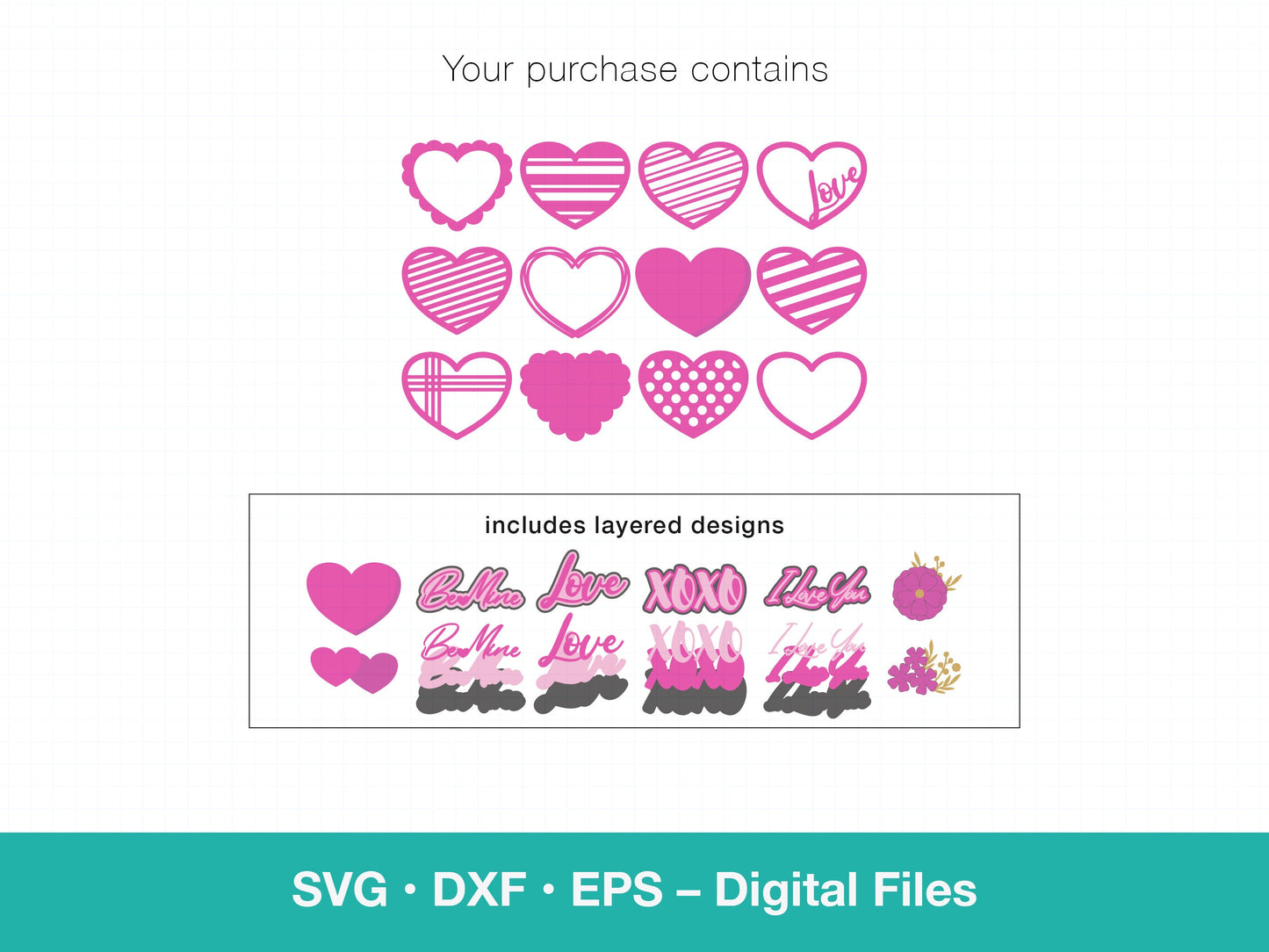 Valentine&#39; Day hearts SVG bundle. Create tags, cake toppers and party room decorations. Mix and match designs.