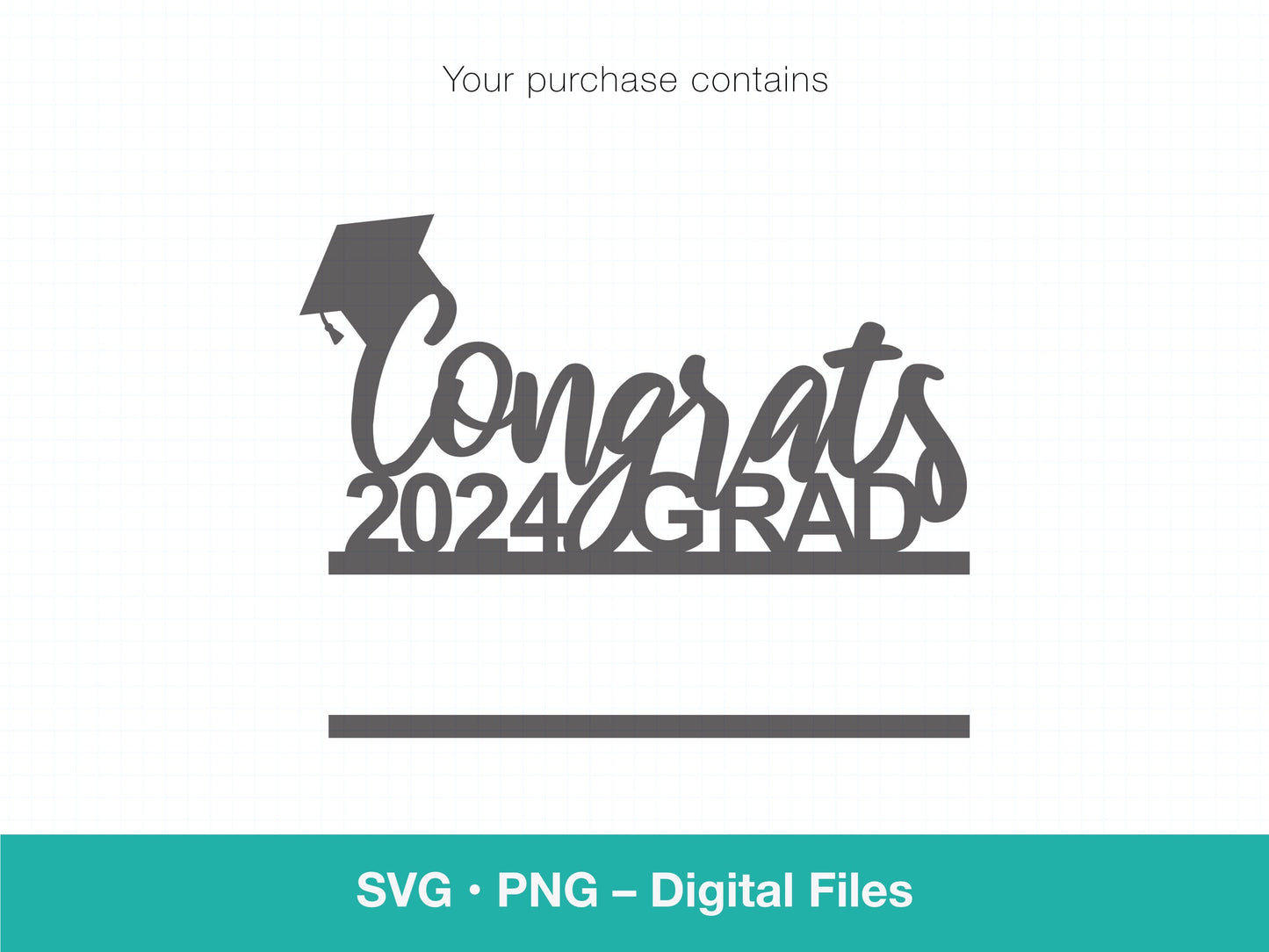 Congrats 2024 grad is a digital download that can be personalized with a name. This graduation cake topper is to be used for cutting with a home cutting machine such as a Cricut or a laser cutter.