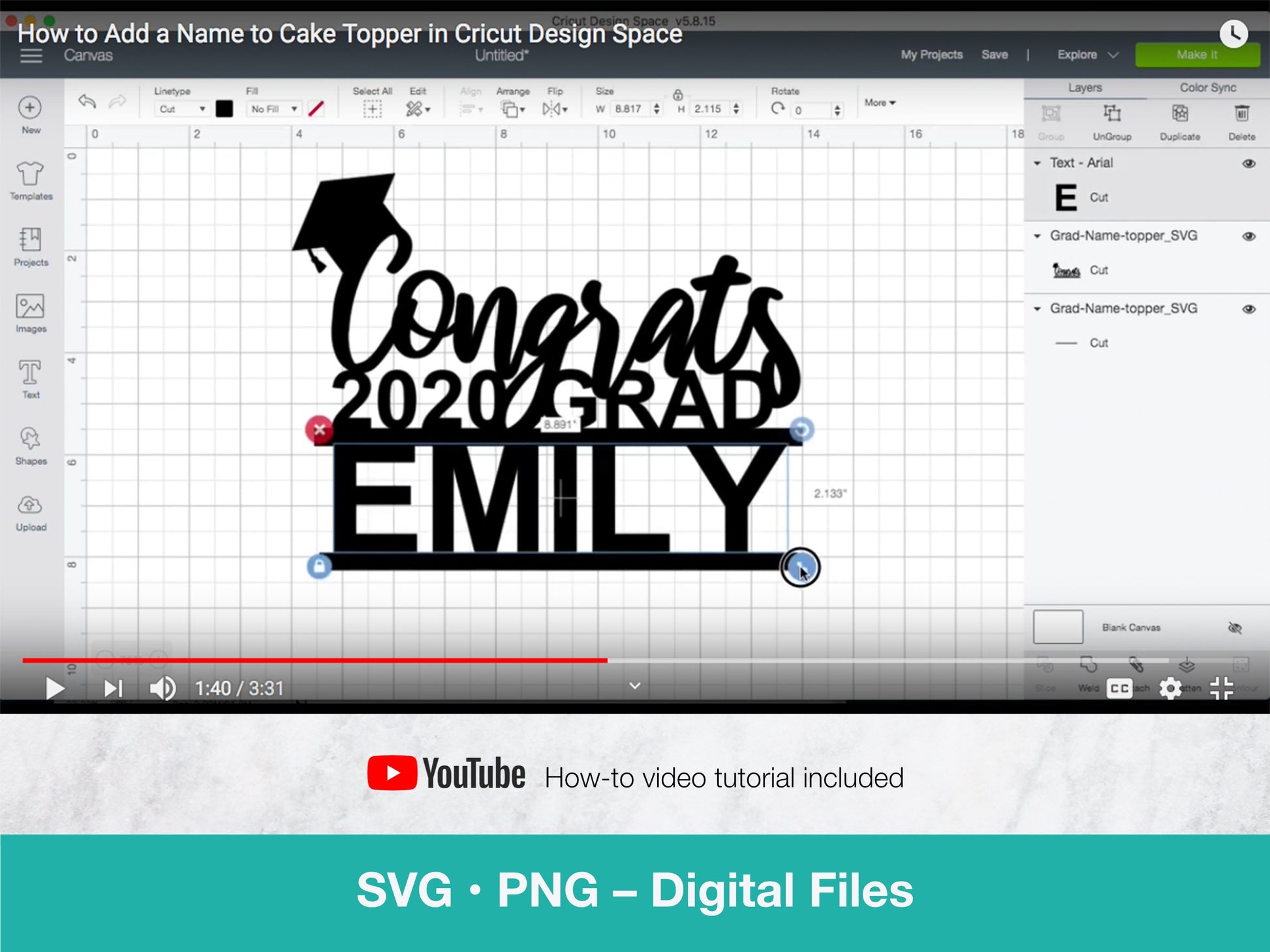 Congrats 2024 grad is a digital download that can be personalized with a name. It comes with a step-by-step video tutorial for Cricut users.