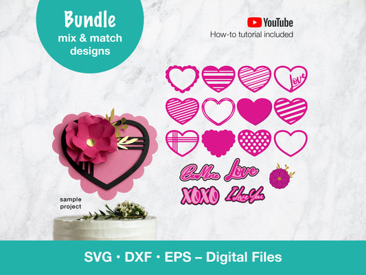 Valentine&#39;s Day hearts SVG bundle. Create tags, cake toppers and party room decorations. Mix and match designs.